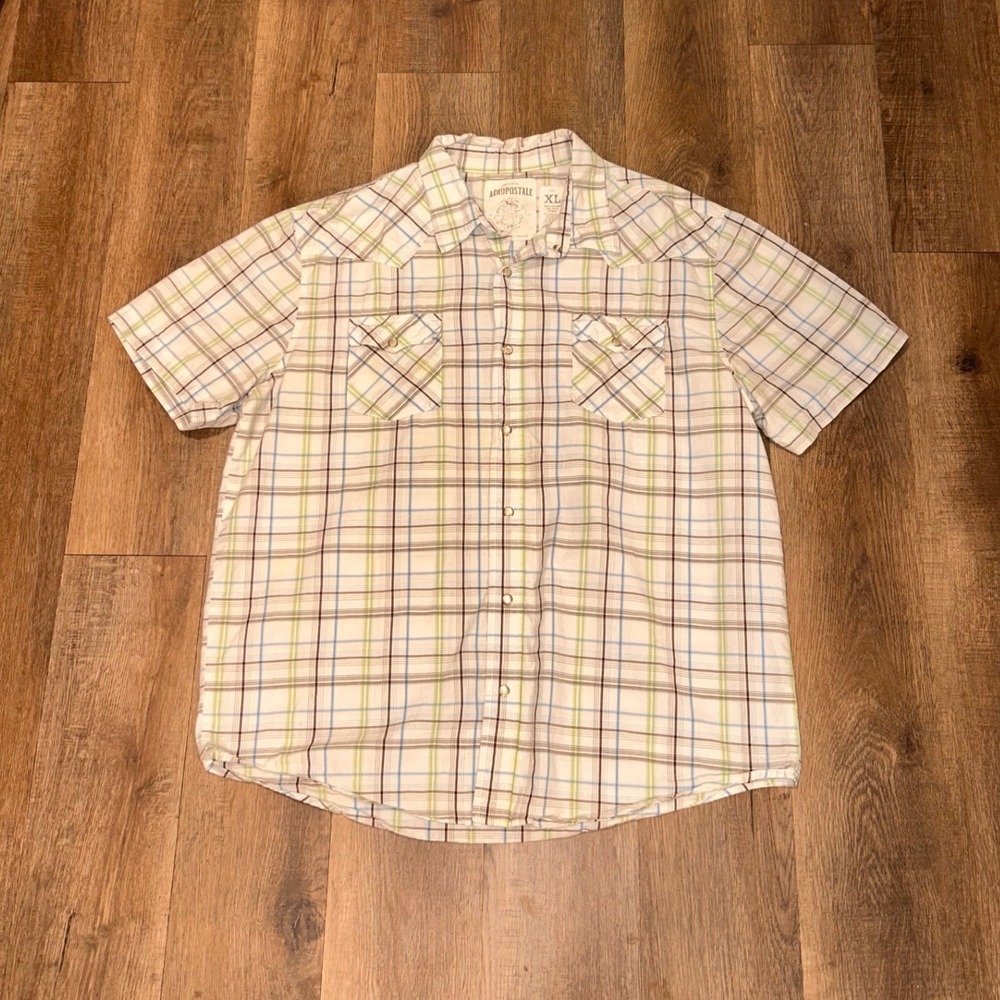 Aeropostale Mens XL Plaid Western Snap Button Down Shirt Short Sleeve Y2K White
